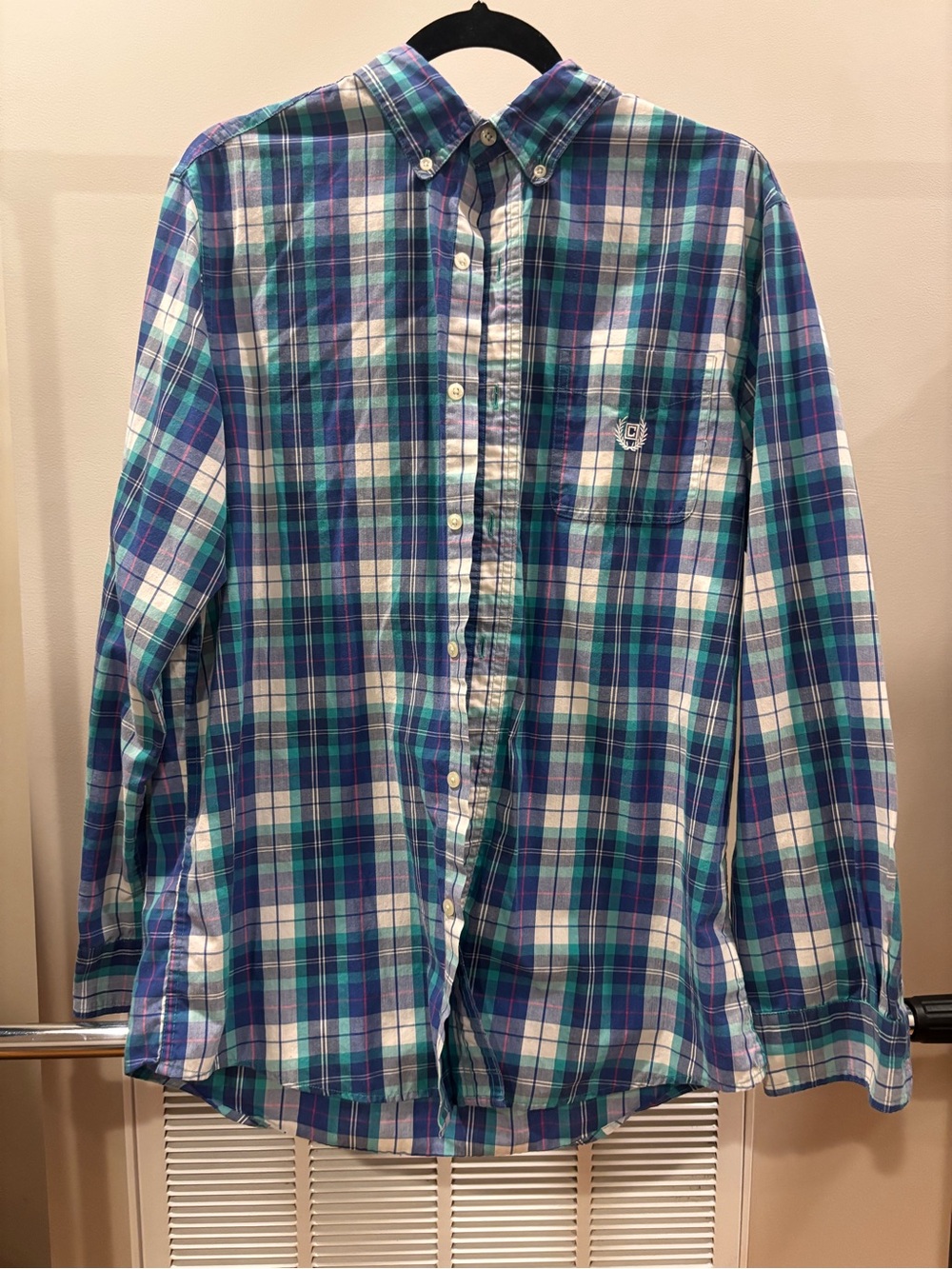 Chaps Blue, Green and White Plaid Button-Down Shirt